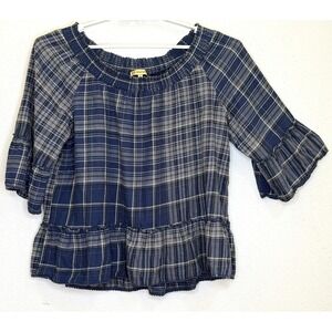 Democracy Pullover Top Womens Sz Large Blue Gray Plaid 3/4 Sleeve Smock Neck